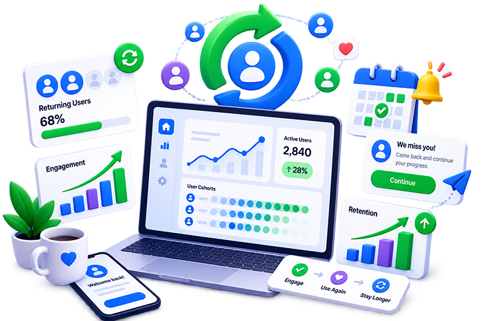 Isometric 3D illustration of user retention: a laptop showing an Active Users dashboard with a growth line chart, cohorts and an Active Users count up 28%, surrounded by floating cards for Returning Users at 68%, an Engagement chart, a Retention graph, a We miss you re-engagement notification with a Continue button, a calendar with checkmarks, a notification bell, a paper plane, a coffee mug and a plant.