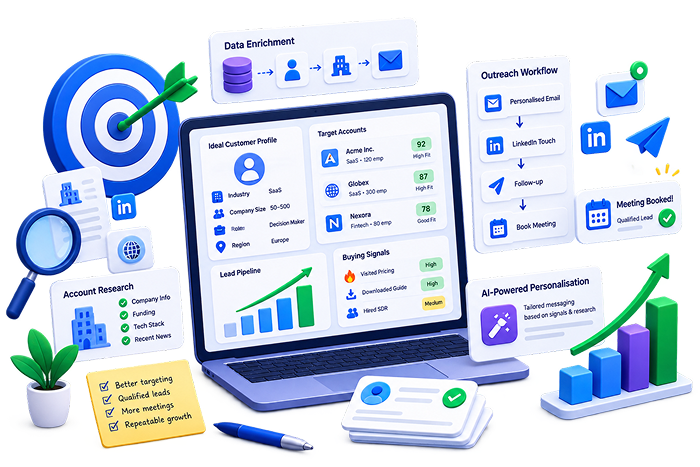 Isometric 3D illustration of a lead-generation dashboard: a laptop showing Ideal Customer Profile, Target Accounts with fit scores, a Lead Pipeline chart and Buying Signals, surrounded by floating cards for data enrichment, account research, an outreach workflow, AI-powered personalisation and a Meeting Booked card with a growth chart.