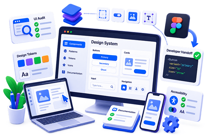 Isometric 3D illustration of a design system: a monitor showing a Design System dashboard with a Components/Patterns/Tokens/Icons/Documentation sidebar, Primary/Secondary/Ghost buttons, a text input and a sample card with navigation, a laptop and smartphone showing matching layouts, surrounded by floating cards for UI Audit with green checks, Design Tokens color blocks, a layered component stack, a Figma logo with a handoff arrow, a Developer Handoff code card with a Button variant example, an Accessibility card with an AA icon, a Documentation page stack, a potted plant with pens and a gear icon.