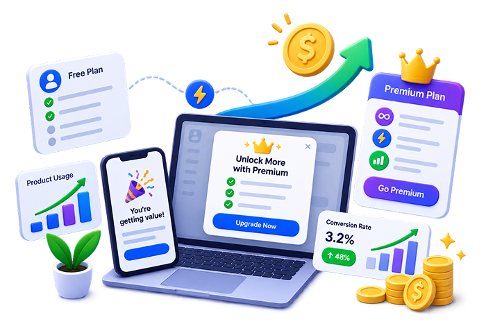 Isometric 3D illustration of free-to-paid conversion: a laptop showing an Upgrade Now modal with a gold crown, a smartphone displaying a 'You're getting value!' message, surrounded by floating cards for a Free Plan, Product Usage bar chart, a Premium Plan card with a Go Premium button, and a Conversion Rate card showing 3.2% with a 48% uplift badge, plus stacks of gold coins, stars, an upward blue-to-green arrow and a small plant.