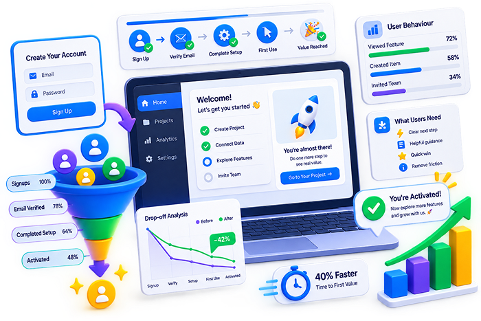 Isometric 3D illustration of user activation: a laptop showing a Welcome onboarding checklist with a rocket, surrounded by floating cards for account creation, an onboarding progress flow (Sign Up, Verify Email, Complete Setup, First Use, Value Reached), a User Behaviour bar chart, a conversion funnel with signup-to-activated percentages, a drop-off analysis graph, and a 40% Faster Time to First Value badge with an upward growth chart.